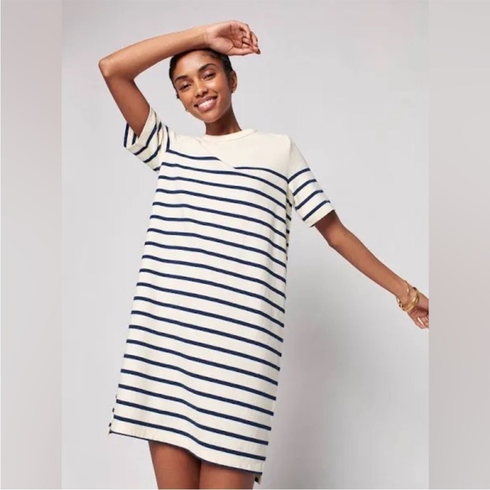 Faherty Cayman Striped Drop Shoulder T Shirt Dress Size Large Cotton Cream/Navy
